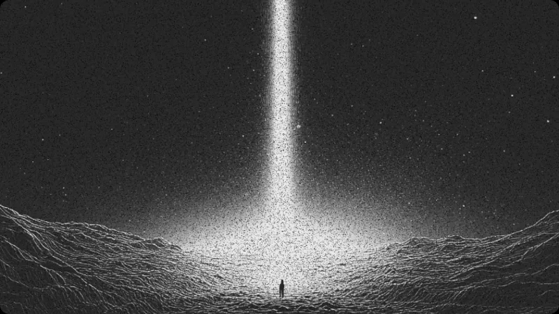 A lone figure standing beneath a column of starlight over a dark mountain valley.