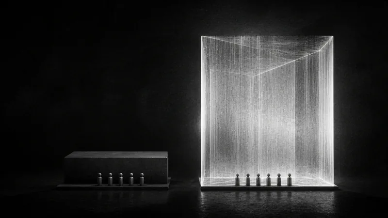 Two similarly sized teams stand beneath radically different volumes, a small dark block and a towering illuminated space.