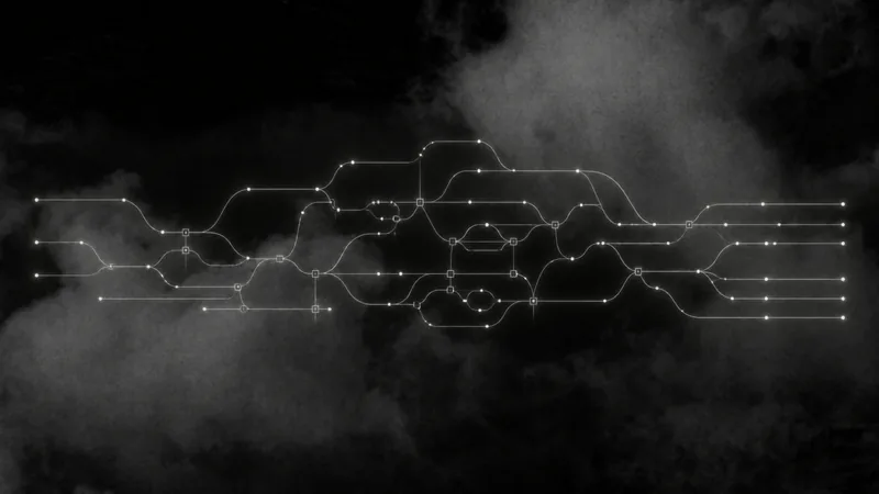 A complex left-to-right Flow graph of thin glowing white and gray paths branching and rejoining across dark clouds.