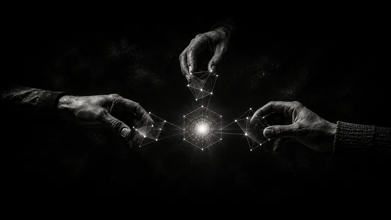 Three hands contribute abstract data structures to a shared glowing core on a dark background.