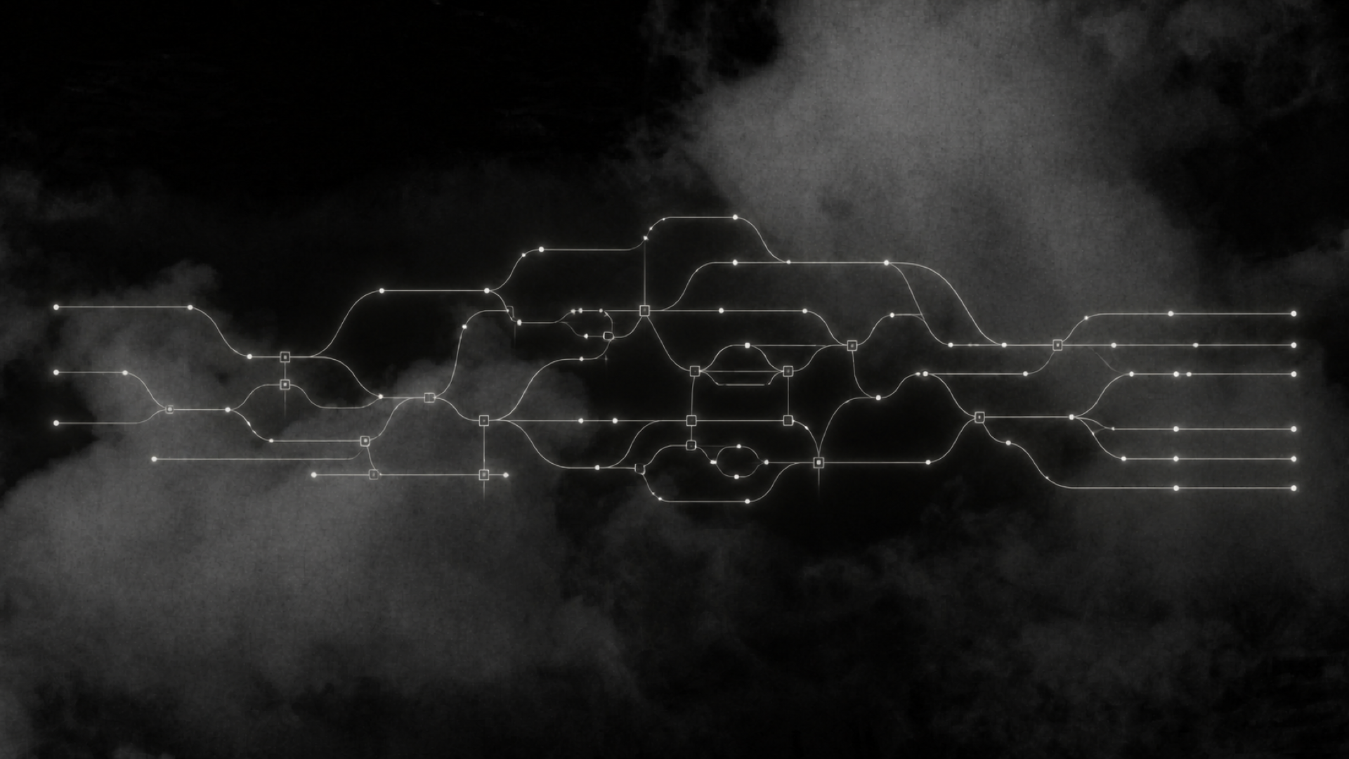 A complex left-to-right Flow graph of thin glowing white and gray paths branching and rejoining across dark clouds.