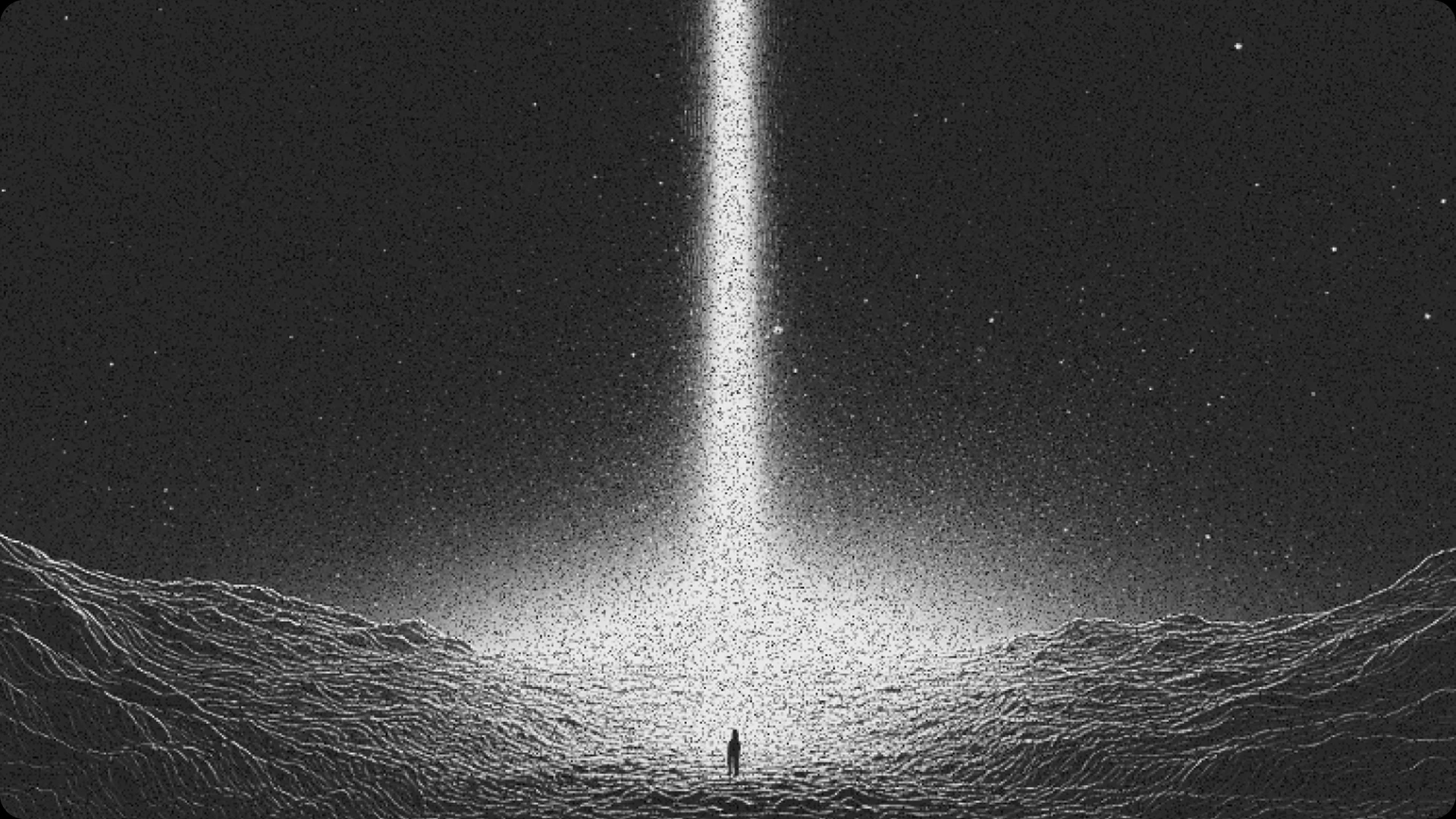 A lone figure standing beneath a column of starlight over a dark mountain valley.